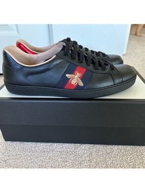 Gucci Black Leather Sneakers with Red & Navy Stripe and Gold Bee